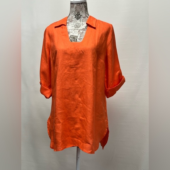 Soft Surroundings Orange 100% Linen Cuffed 3/4 Sleeve top size M - Picture 2 of 12
